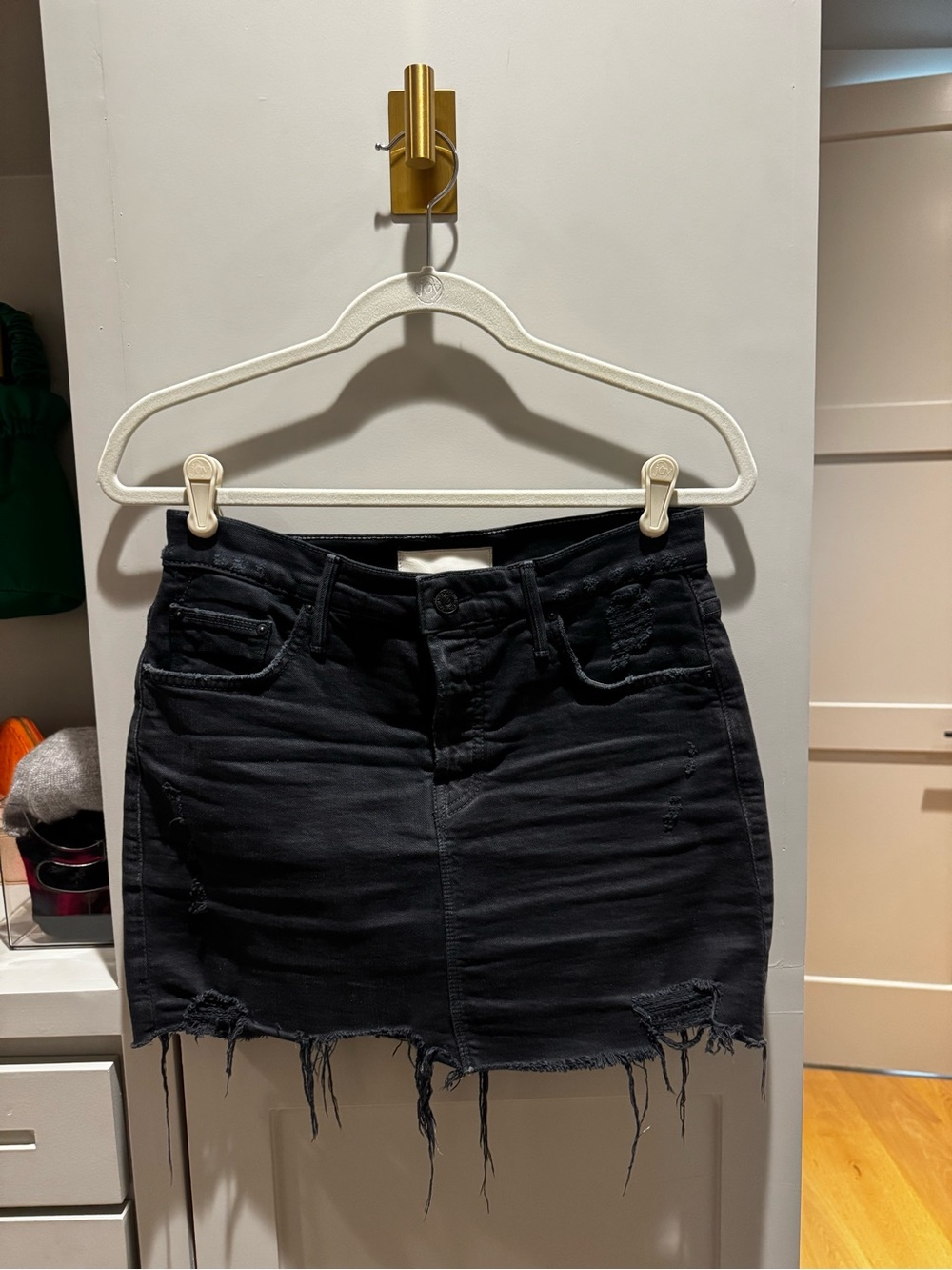 MOTHER Black Distressed Denim Mini Skirt